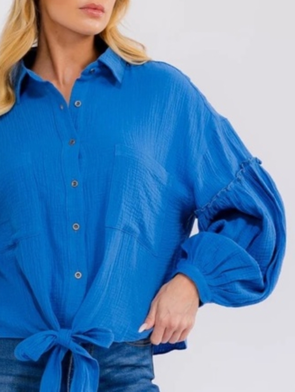 Peach Love California Teal Blue Balloon Sleeve Button Up Tie Front Top Bohemian